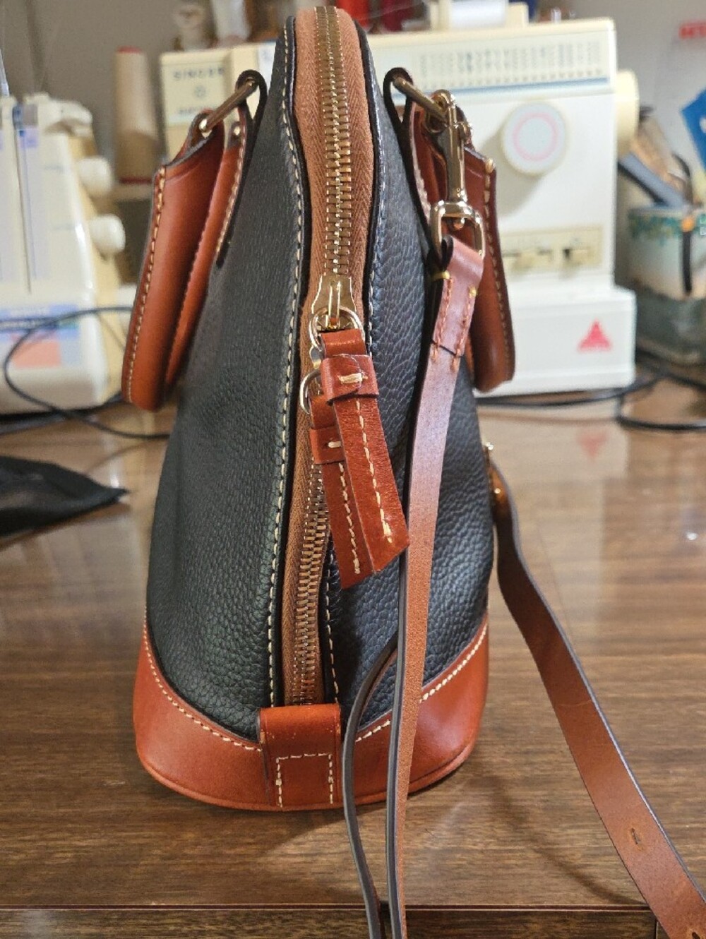 Dooney & Bourke Black with Brown Trim Pebble Leather Satchel - Picture 4 of 8